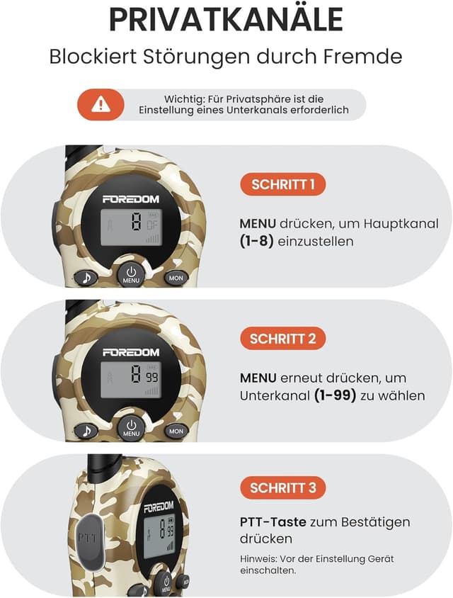 Detalle de FOREDOM Walkie-Talkies für Kinder (2er-Set) mit 8 Kanälen, bis zu 3 km Reichweite – ab 3 Jahren