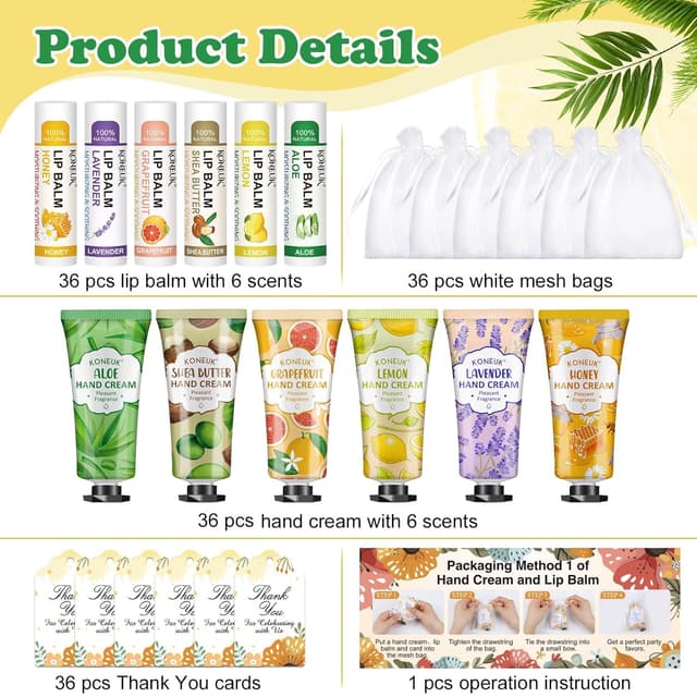 Detalle 2 de KONEUK 36-Pack Hand Cream and Lip Balm Bulk Gift Sets for Easter Baskets, Teachers, Nurses, and More
