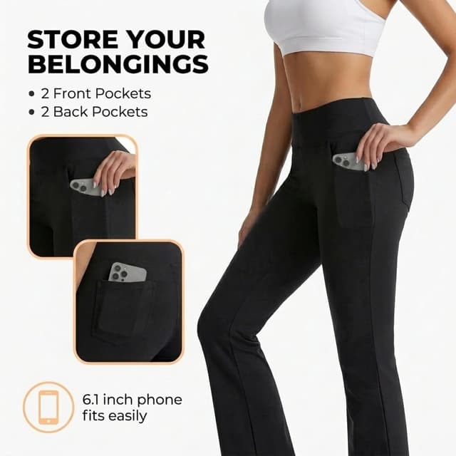 Detalle de CAMBIVO Ladies Stretch Bootleg Trousers – Bootcut Yoga Pants with Pockets and Elasticated Waist