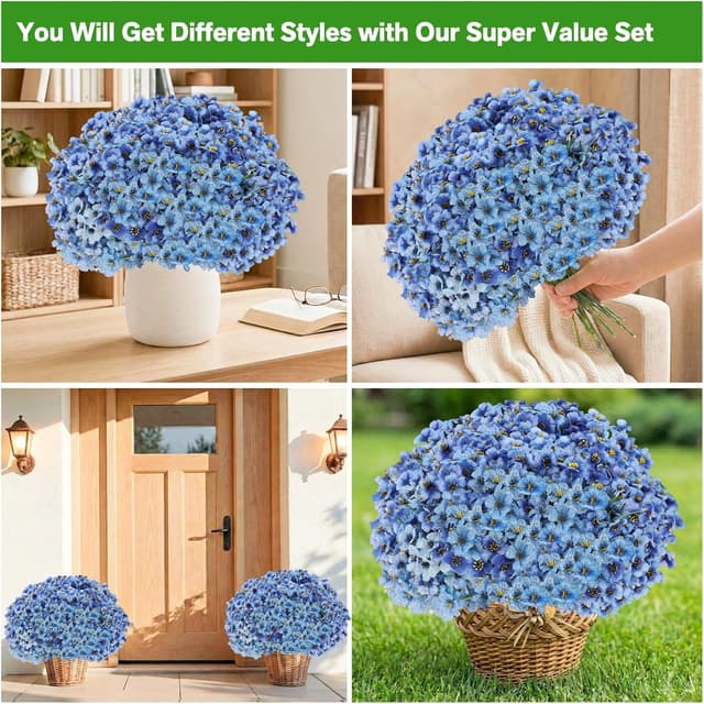 Detalle de 22-Pack UV-Resistant Outdoor Artificial Flowers (Blue) with PE Plastic Stems