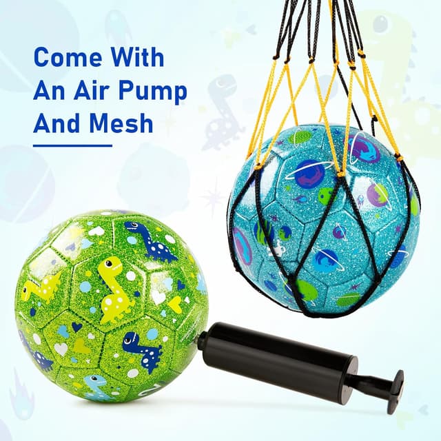Detalle de ZOOJOY Size 2 Kids Soccer Ball 2-Pack (Glitter Dinosaur & Planet) with Pump and Mesh Bag
