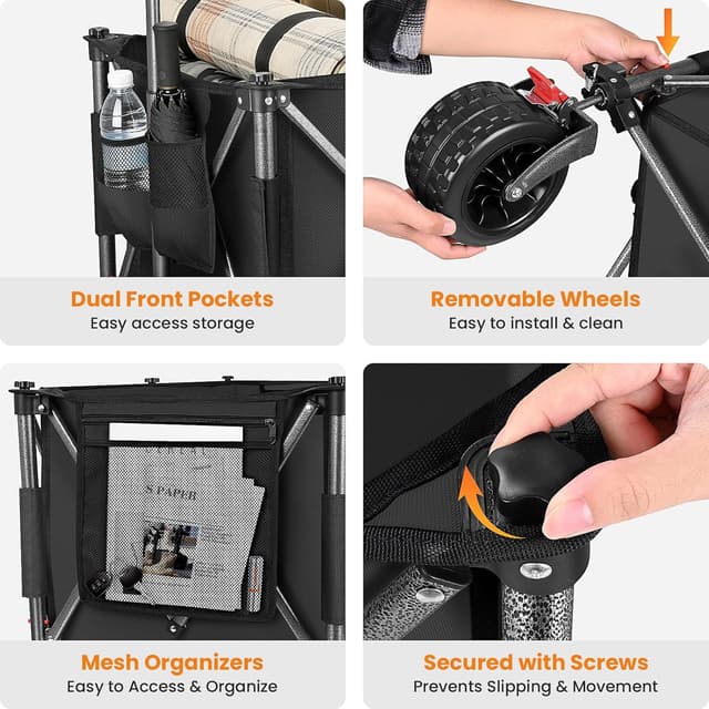 Thumbnail 5 de YEAUPE PRO Carrello pieghevole da spiaggia e campeggio da 150 kg, 260 L (nero) con doppi freni anteriori