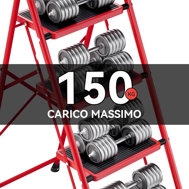 Detalle de KINGRACK Scaletta pieghevole a 4 gradini in acciaio con corrimano e piattaforma antiscivolo, 150 kg, rosso
