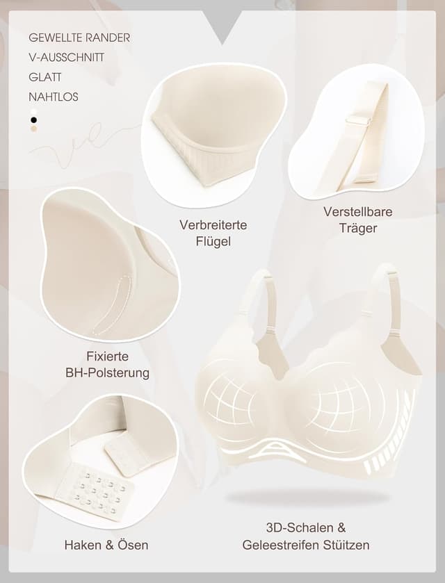 Detalle 2 de Vtelor nahtloser Bügelloser BH für Damen mit Push-up & V-Ausschnitt (T-Shirt-, Schlaf- und Bustier-BH)