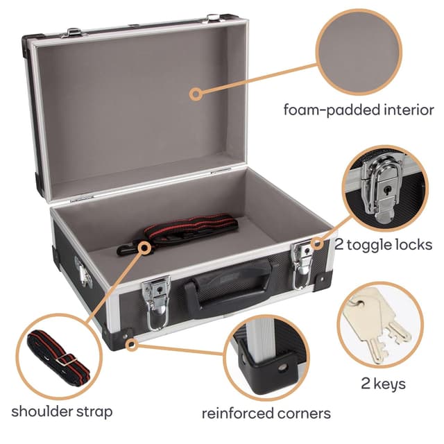 Detalle de Perel valigetta porta attrezzi in alluminio nero con serratura a chiave e tracolla