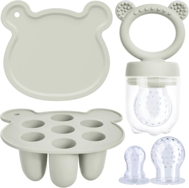 Detalle de Aolso Fruit Food Feeder set: silicone fruit feeder + freezer ice lolly trays (4 months+, Gray)