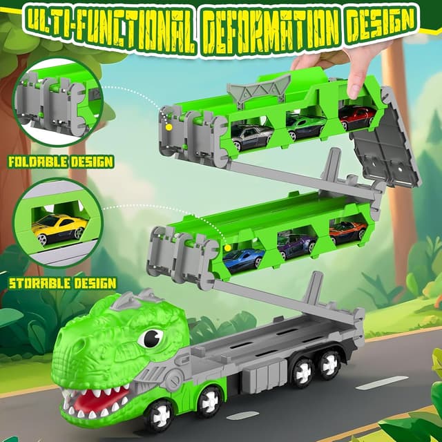 Detalle 2 de maysida Dino Transporter Truck mit 6 Autos und klappbarer 170‑cm Rennstrecke