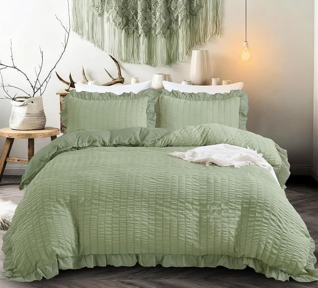 Detalle de Seersucker Double Green Duvet Cover Set White (3-Piece) with Ruffle Edge & Concealed Zipper Closure, Double 200×200 cm