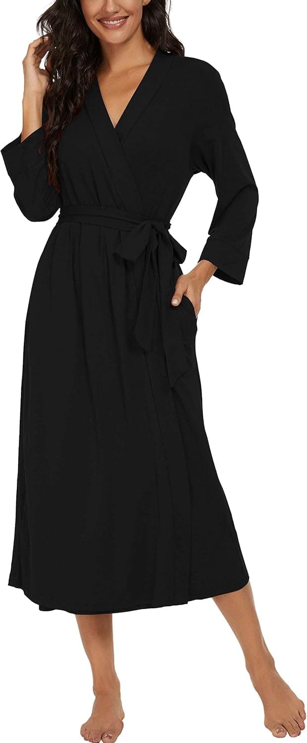 Detalle de PrinStory Damen Bademantel mit 3/4-Ärmeln, V-Ausschnitt & Kimono-Schnitt (leichter Morgenmantel)