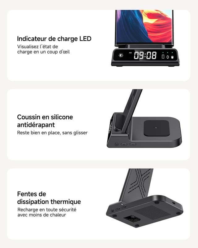 Detalle de Station de charge sans fil 3-en-1 pour Samsung (S25/S24/S23, Z Fold/Z Flip), chargeur induction Galaxy Watch et Galaxy Buds — avec horloge numérique