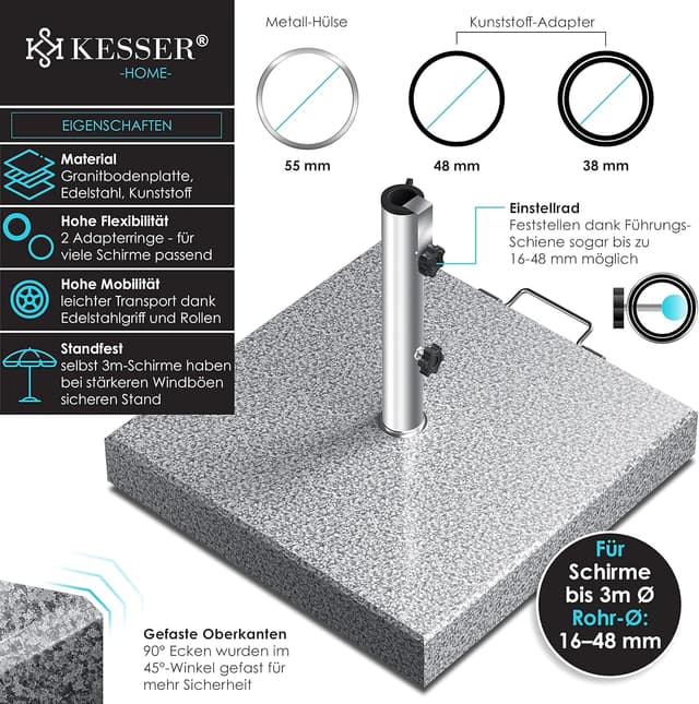 Detalle de KESSER Granit-Sonnenschirmständer mit Edelstahlrohr – quadratischer Sockel (30 kg) für Schirmstöcke 16–48 mm, inkl. Transportgriff, grau