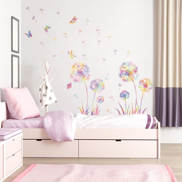 Detalle de KAIRNE Größe Wandtattoo Pusteblume mit Blumen & Schmetterling – bunte Wandsticker für Kinderzimmer & Schlafzimmer