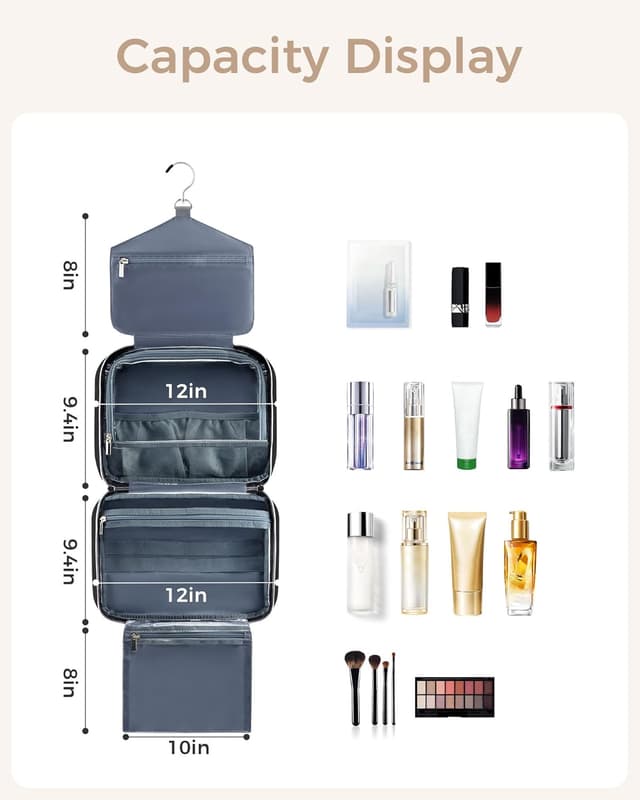 Detalle de BAGLHER Travel Toiletry Bag for Women (Large Black) with Hanging Hook and Organiser Compartments