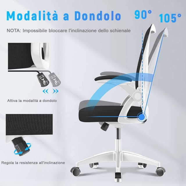 Thumbnail 3 de naspaluro Sedia da ufficio ergonomica con schienale in rete, braccioli regolabili a 90° e supporto lombare (bianco)