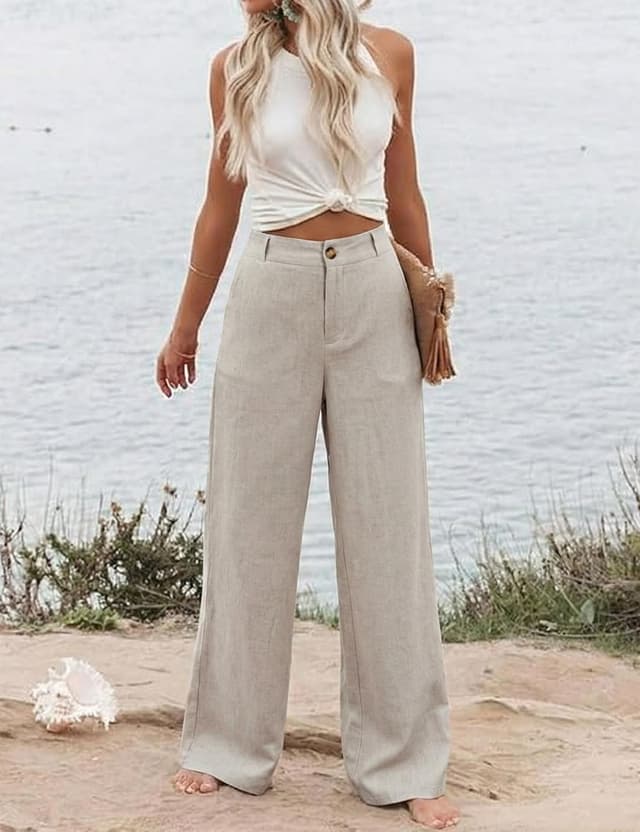 Detalle de Hooever Womens Cotton Linen Wide-Leg Pants (High-Waisted, Button-Front)