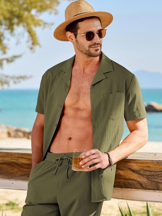 Detalle 2 de JMIERR Men Texture 2-Piece Outfit: Short Sleeve Cuban-Collar Button-Down & Drawstring Beach Pants Set