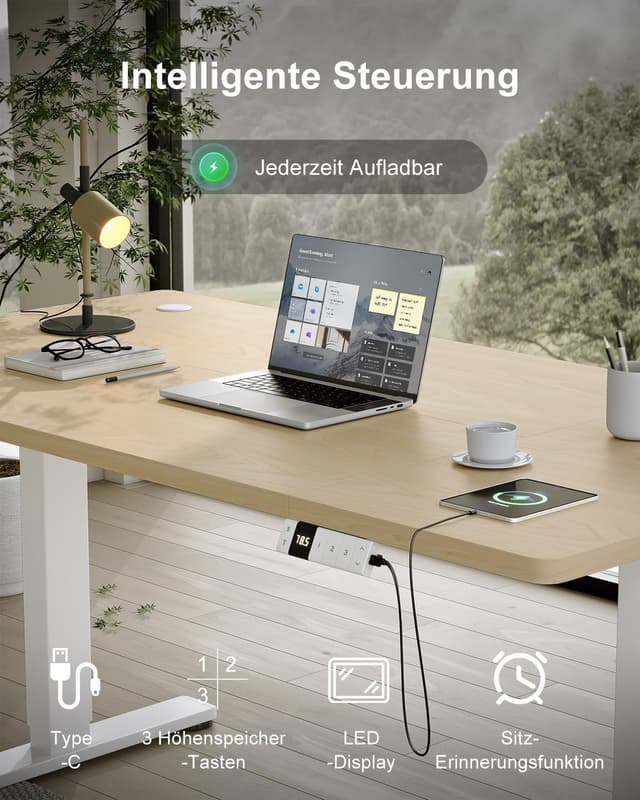 Detalle 2 de Devoko elektrisch höhenverstellbarer Schreibtisch 180x80 cm mit Typ-C Ladeanschluss (Eiche)