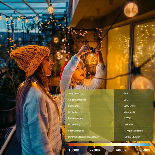 Detalle de Kawaya 15 m LED-Lichterkette außen (IP65) mit 25+2 bruchsicheren G40-Glühbirnen, warmweiß, dimmbar