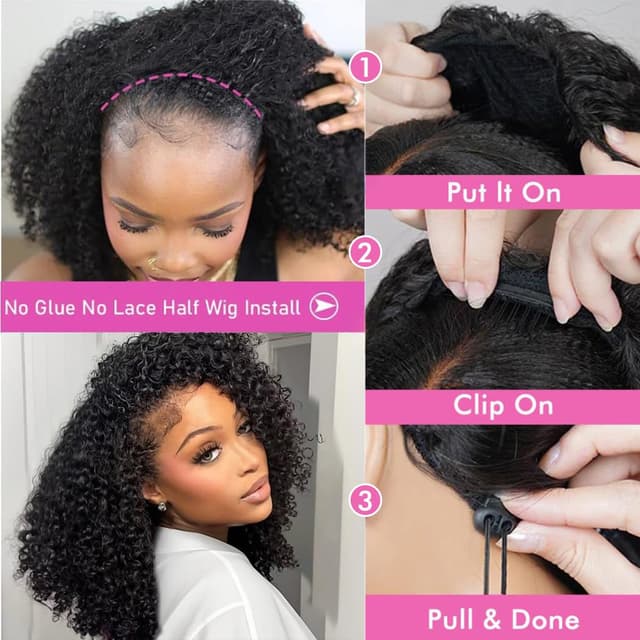 Detalle 1 de virginess Kinky Curly Half Wig (Human Hair) 16 Inch — glueless “wear go” flip headband half wig with drawstring