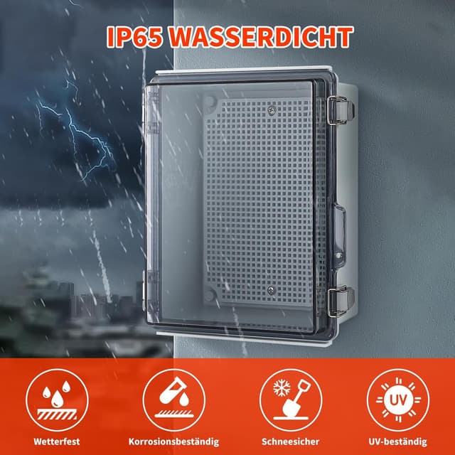 Detalle de Wasserdichte Anschlussdose IP65 Aufputz-Verteilerkasten mit ABS-Gehäuse, transparentem Deckel und Schloss (230 × 165 × 120 mm)