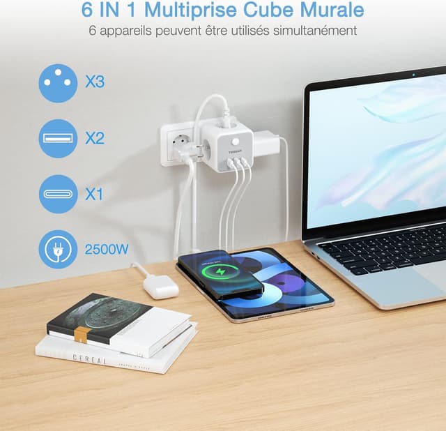 Detalle de TESSAN 6 en 1 chargeur mural USB avec multiprise française et 3 ports USB C/A, interrupteur et boîtier cube