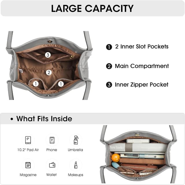 Detalle 2 de Kattee Soft Women Genuine Leather Tote Hobo Shoulder Bag with Magnetic Snap Closure (Medium)