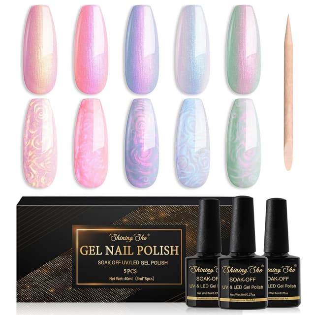 Detalle de Shining She UV Nagellack Pearl Effect Set mit 5 Farben (Meerjungfrau Pearl) – inklusive Stick für Kreis- & Muschel-Effekte