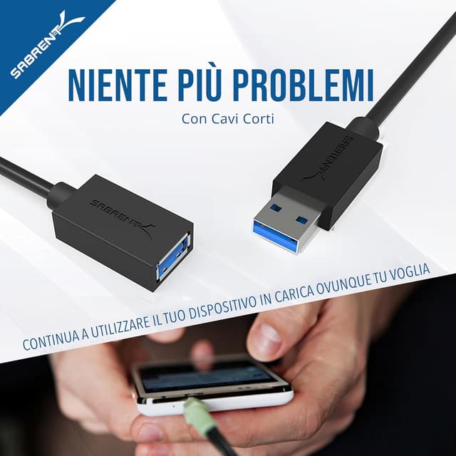 Detalle de SABRENT Cavo Prolunga USB 3.2 Gen1 0,9 m (CB-3030) maschio a femmina, nero