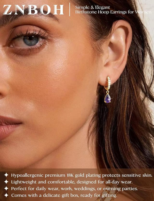 Detalle de ZNBOH Geburtsstein-Ohrringe goldfarben (18K vergoldet) mit Zirkonia-Anhänger – hängende Damen-Creolen