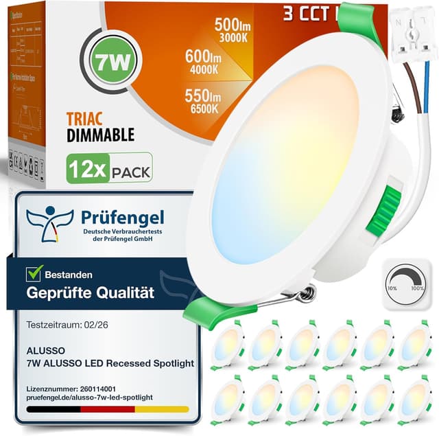 Detalle de ALUSSO LED Einbaustrahler 230 V, dimmbar, IP44 – 68 mm, 7 W im 12er-Set (warm/neutral/kaltweiß)
