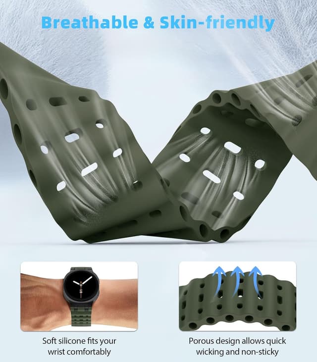 Detalle de MoKo Ocean Strap for Samsung Galaxy Watch 8 (40/44mm) & Watch 8 Classic (46mm) – breathable silicone sport band