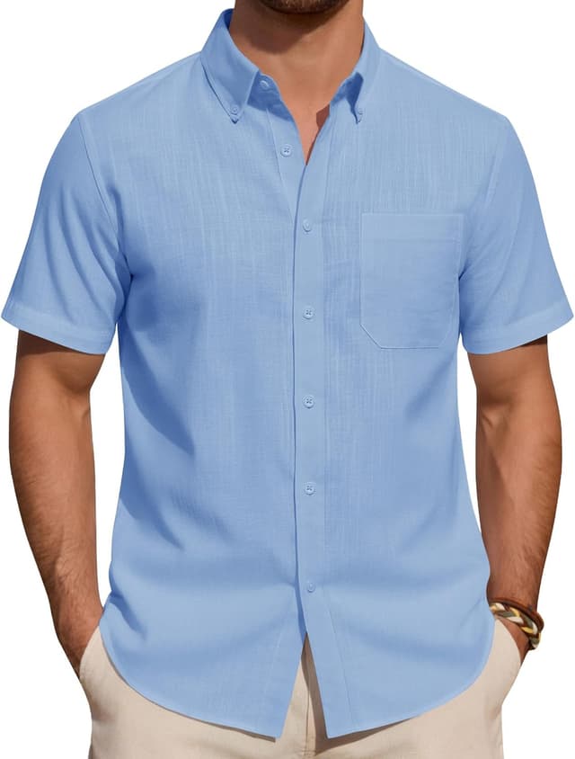 Detalle 2 de J.VER Leinenhemd Herren Kurzarm – Regular Fit Button-Down mit Brusttasche für Sommer & Freizeit