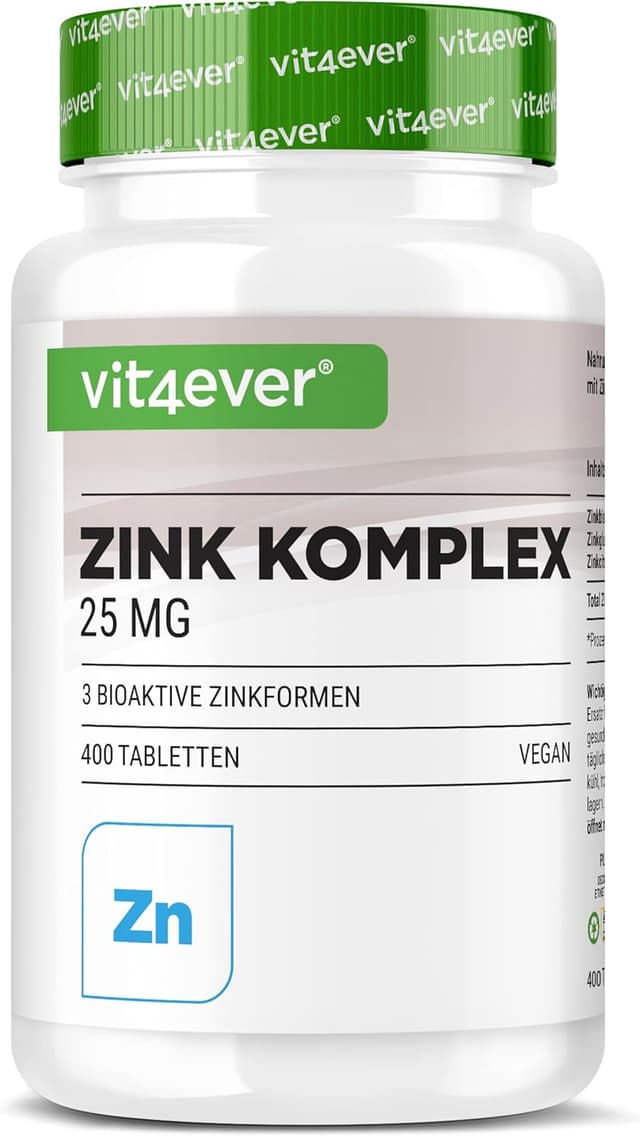 Detalle de vit4ever Zink Komplex 25 mg – 400 Tabletten (3 bioaktive Zinkformen, vegan)