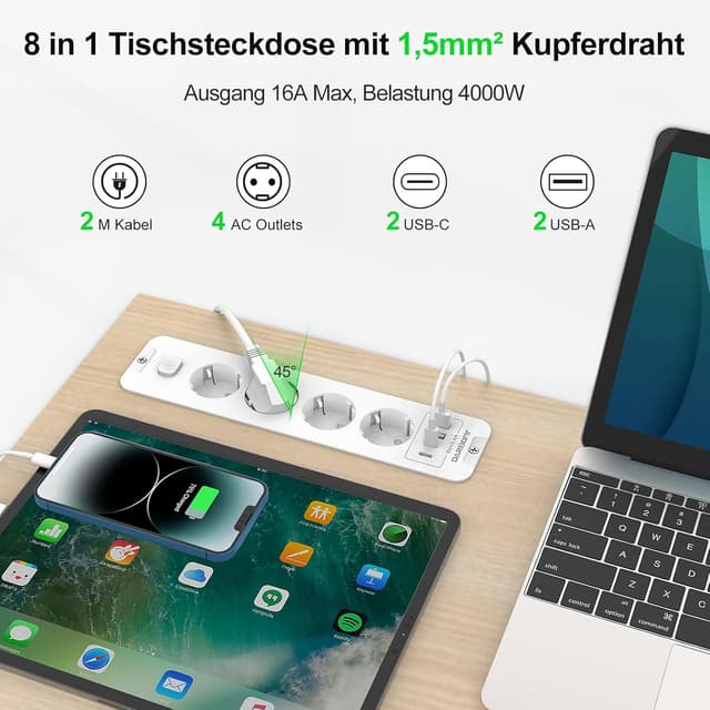 Detalle 2 de Versenkbare Steckdose 4‑fach mit 2 USB‑C 🔌