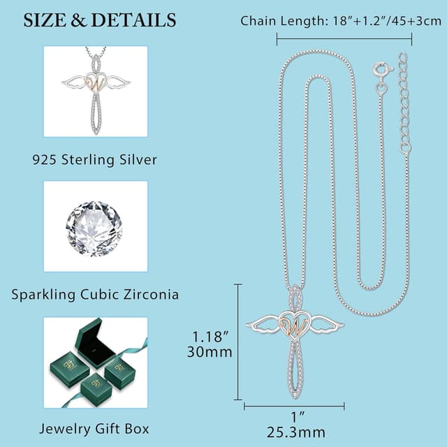 Detalle de FJ Letter Initial Necklace in 925 Sterling Silver with Guardian Angel Pendant