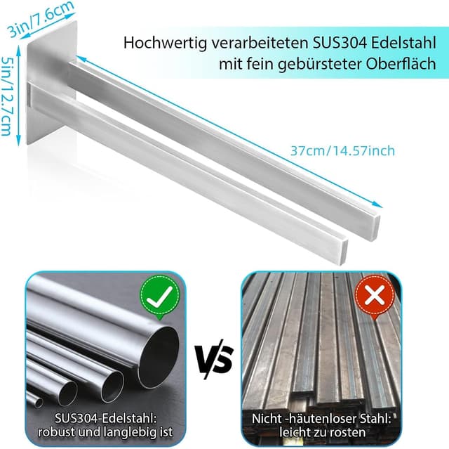 Detalle de JS Edelstahl Handtuchhalter selbstklebend, doppelter Handtuchstange ohne Bohren für Bad & Küche (silber)