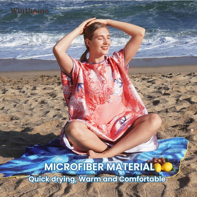 Detalle 2 de Winthome Changing Robe Microfibre Towel Poncho (Blue) – Lightweight Hooded Changing Robe, XL