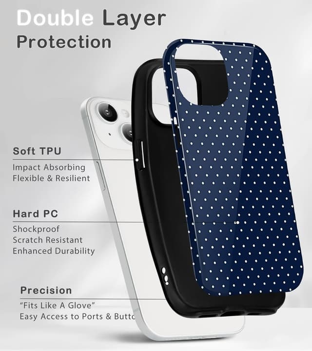 Detalle de Amzfield iPhone 15 Dual-Layer Case (Navy Polka Dot Retro) – Hybrid Protection