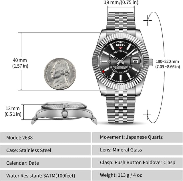 Detalle de NIBOSI Orologio da polso da uomo stile business dress analogico al quarzo con datario e cinturino in acciaio inox