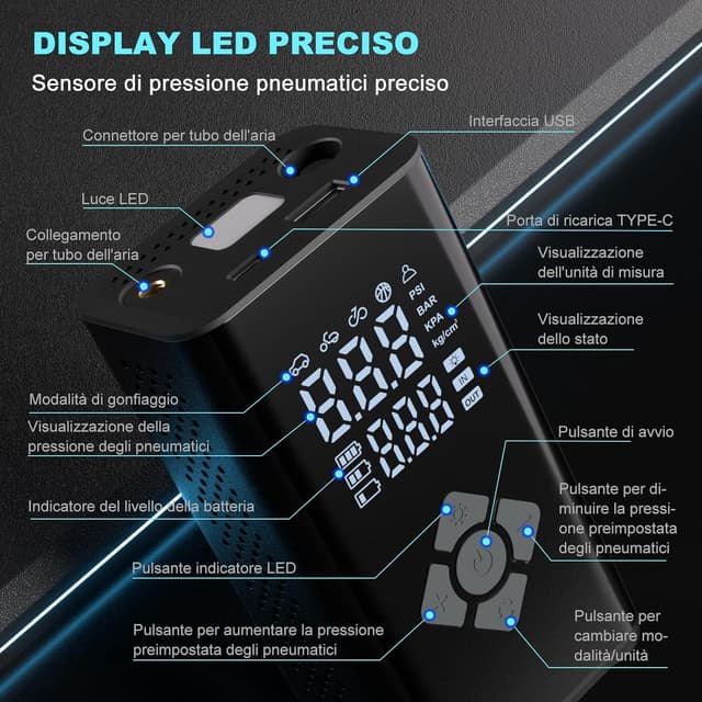 Detalle de TECHCYC Pompa aria elettrica portatile 150 PSI con arresto automatico e ricarica USB-C (7,4V 4000 mAh)