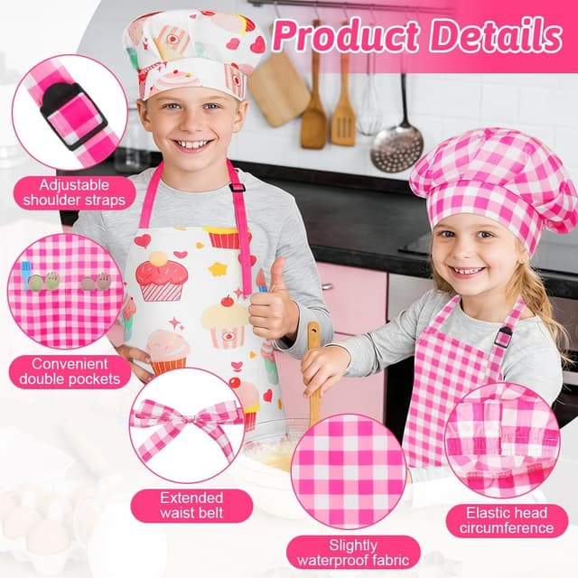 Detalle de DiULi grembiule per bambini regolabile con cappello da cuoco a quadri rosa