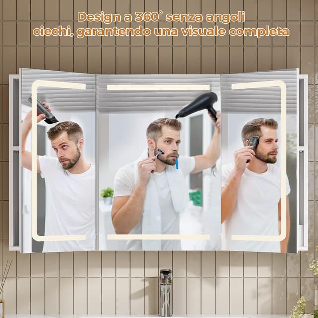 Detalle de Mojiasion Specchio Bagno LED sospeso 100x60 cm con 3 ante e presa integrata, 3 luci regolabili e memoria luminosità