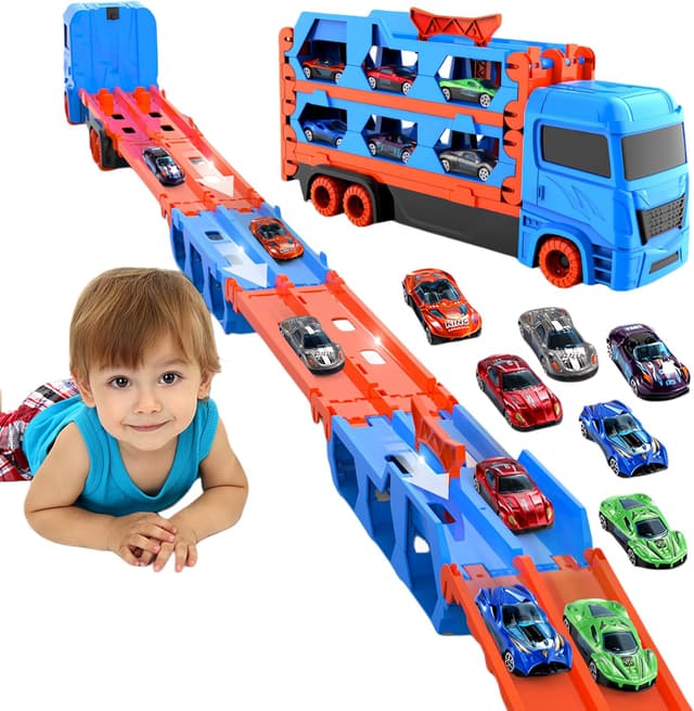 Detalle de Bearbao 65-Zoll Rennstrecke mit Transport-LKW und 6 Mini Metallautos – Spielzeug für Jungen (3–6 Jahre)