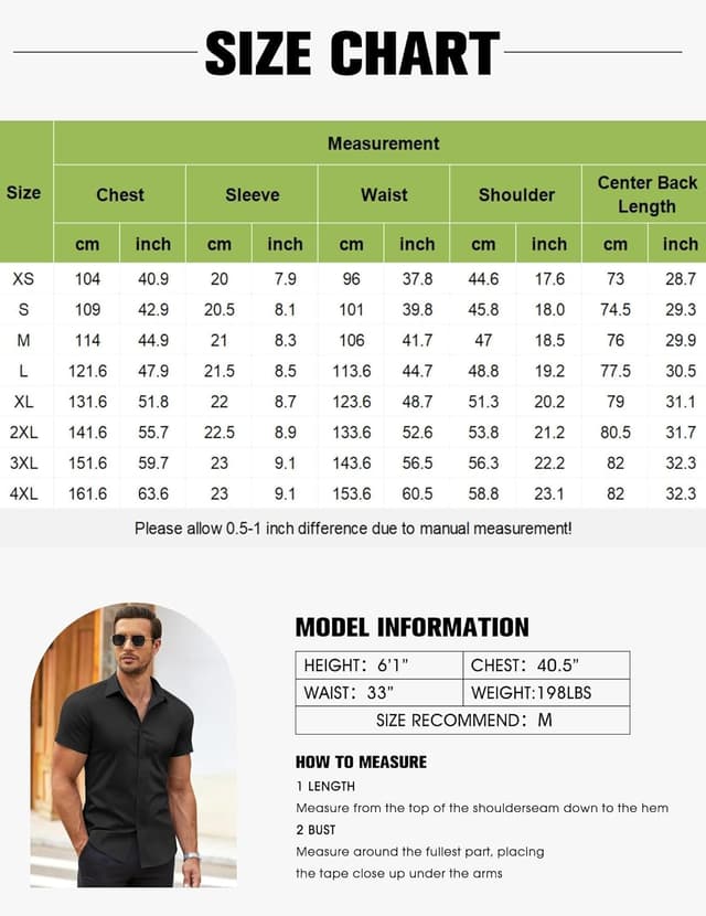 Detalle de COOFANDY Herren Hemd Kurzarm „Basic Shirt“ Regular Fit (XS–4XL) – bügelleicht & antiarrugas