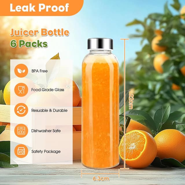 Detalle de ZhouZGlass 500ml Glass Juice Bottles (Set of 6) with Stainless Steel Airtight Lids