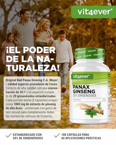 Detalle 2 de Ginseng Rojo Panax 180 Cápsulas 💊 1800 mg Vegano
