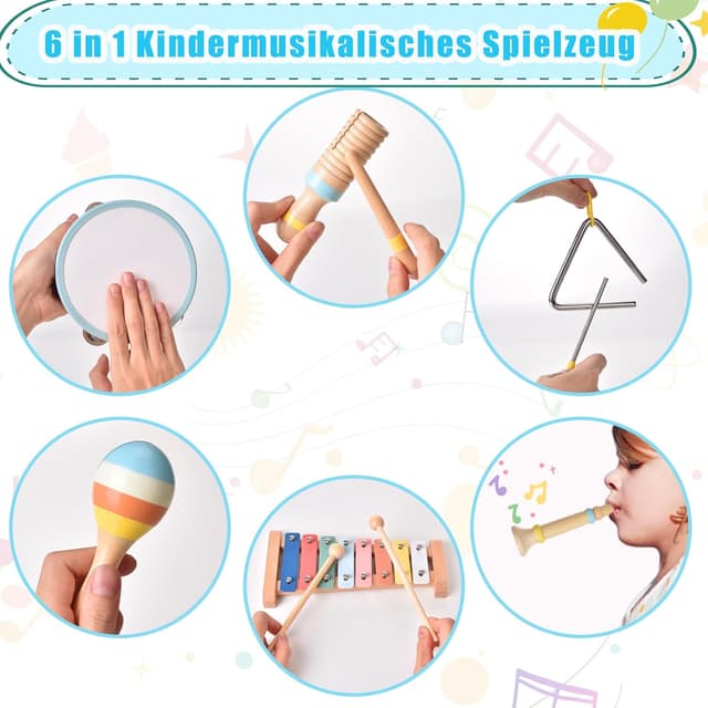 Detalle de Set strumenti musicali in legno Montessori 6 in 1 per bambini (1 anno) con maracas, xilofono e tamburi