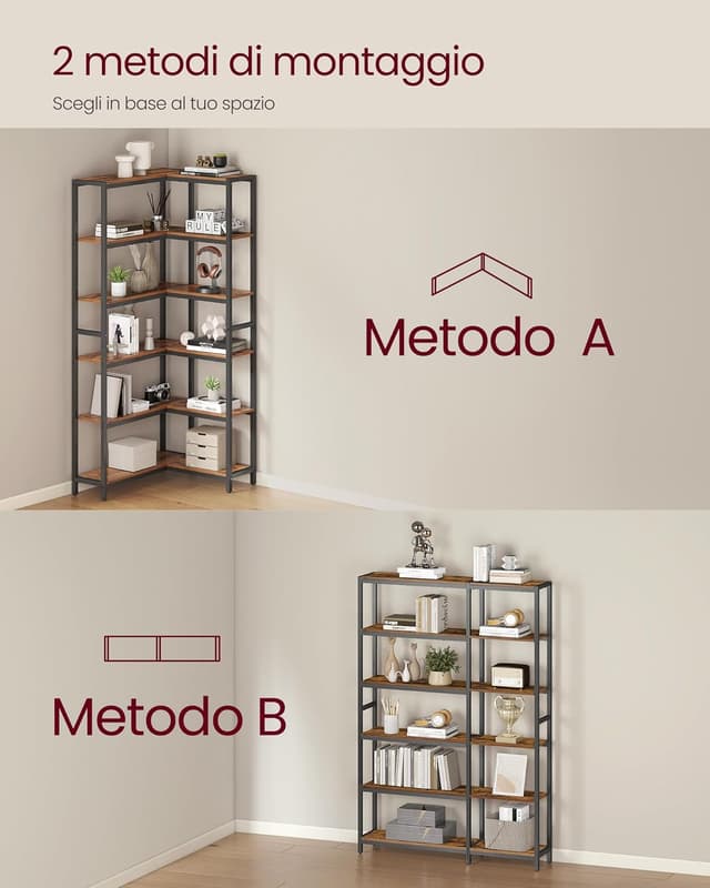 Detalle de VASAGLE Libreria angolare a 6 ripiani LLS606K01, stile moderno, marrone vintage e nero inchiostro