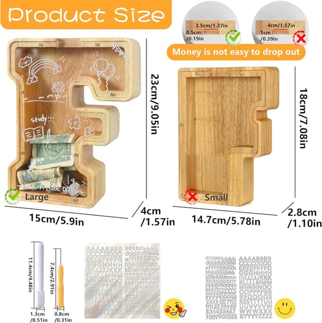 Detalle de Lakpopya personalisierte Spardose aus Holz für Kinder (transparentes Acryl, Zielbereich, A-Z Buchstabe) – Taufgeschenk & Deko