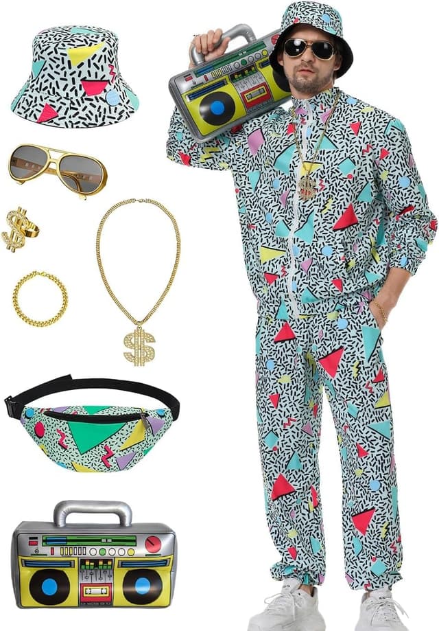 Detalle de Ezuwail 80er/90er Retro-Trainingsanzug-Set für Herren (9-teilig) – Karneval & Halloween